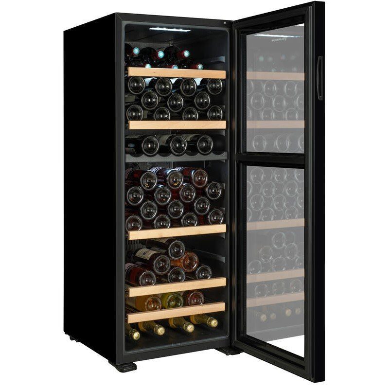 Cave à vin noire porte vitrée ouverte