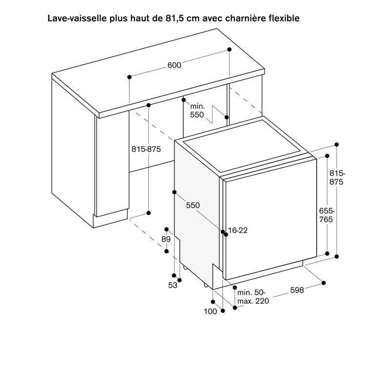 Schéma dimensions lave-vaisselle encastrable avec charnière flexible