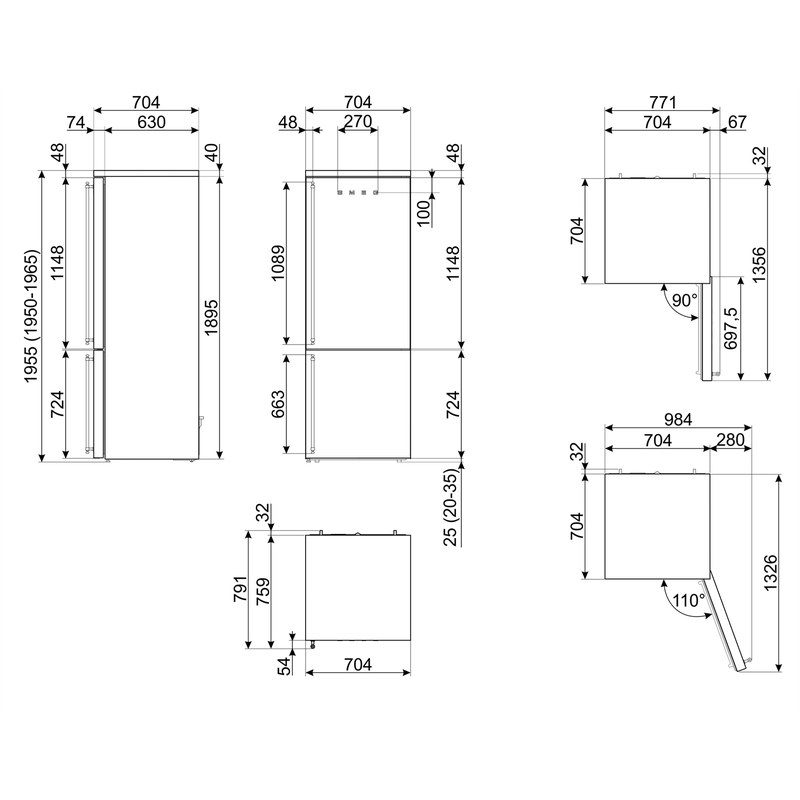 Schéma technique réfrigérateur avec mesures détaillées