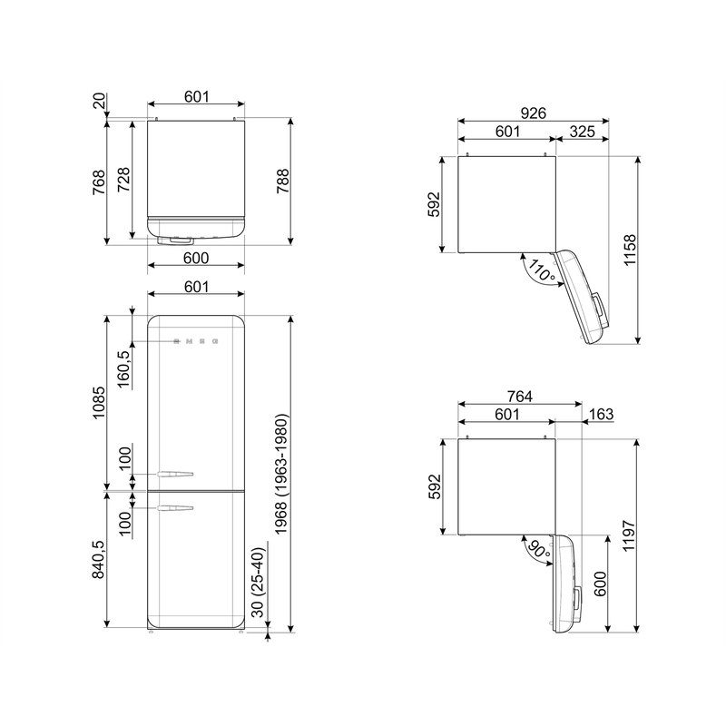 Schéma technique réfrigérateur avec dimensions détaillées