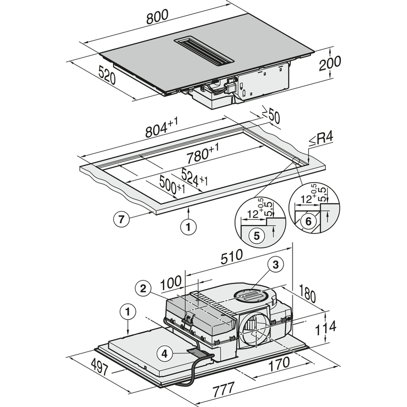 Schéma technique d’une plaque de cuisson encastrable