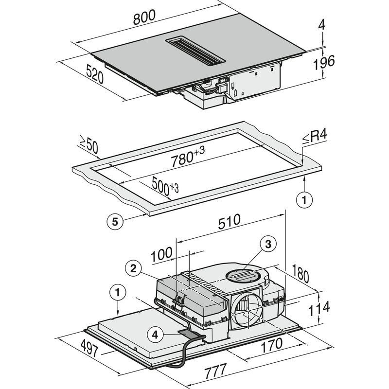Schéma technique d’une plaque de cuisson encastrable