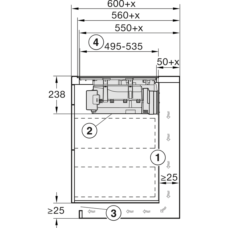Schéma technique d’installation d’un appareil encastrable.