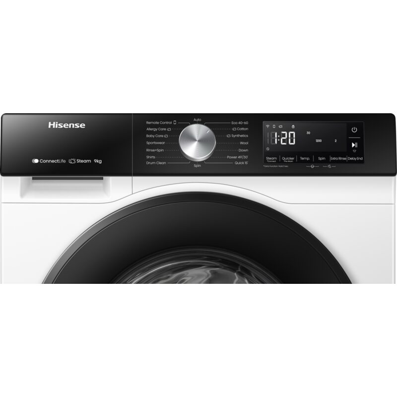 Lave-linge Hisense blanc avec panneau de commande digital