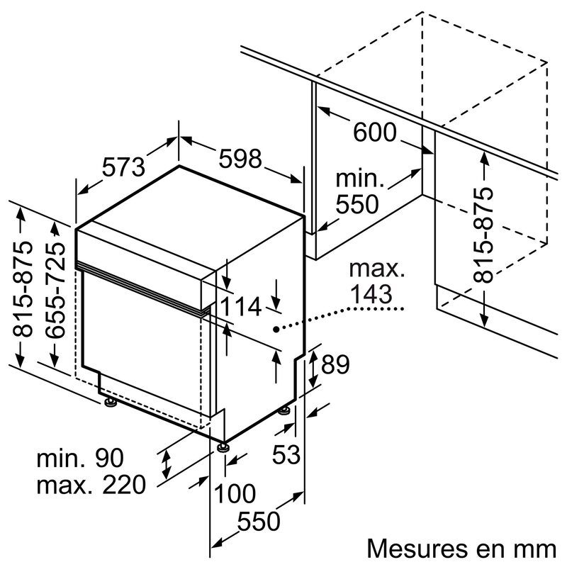 Schéma technique d’un lave-vaisselle encastrable avec dimensions.