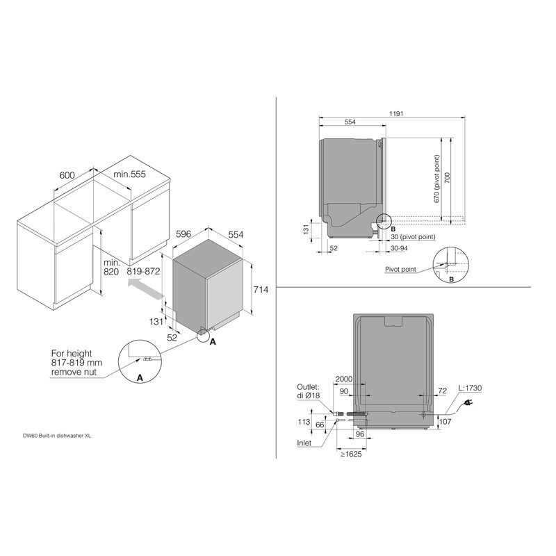 Schéma technique lave-vaisselle encastrable avec mesures détaillées