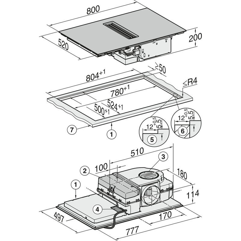 Schéma technique d’une plaque de cuisson encastrable