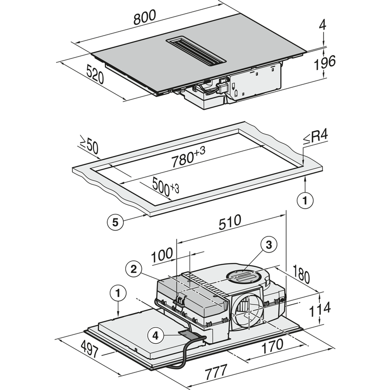 Schéma technique d'une plaque de cuisson encastrable