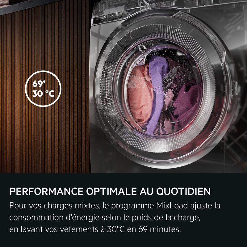 Lave-linge frontal avec vêtements à 30°C, 69 minutes