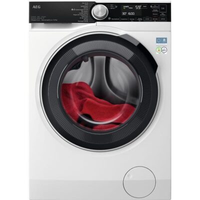 Lave-linge frontal blanc avec serviette rouge
