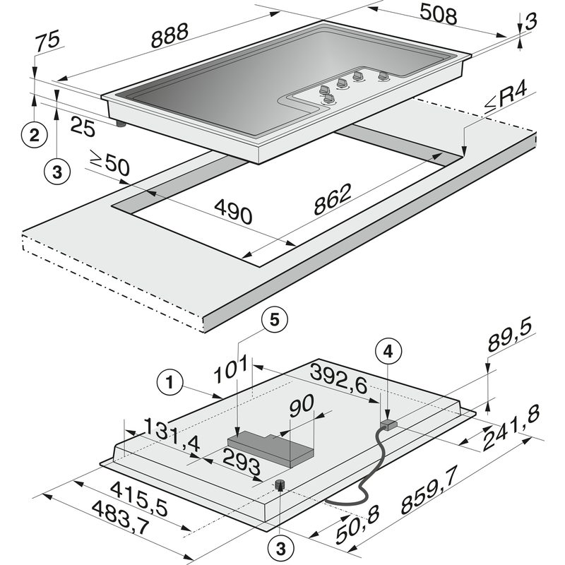 Schéma technique d’une plaque de cuisson encastrable.