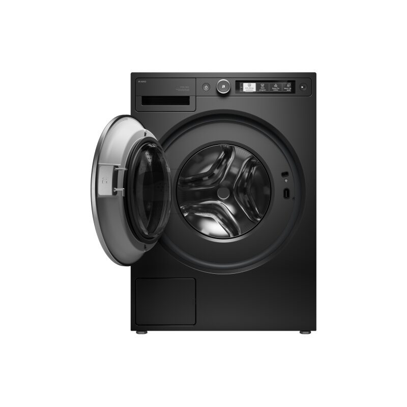 Lave-linge noir porte ouverte moderne