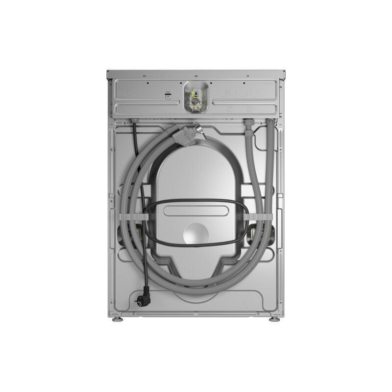 Arrière d’un lave-linge avec tuyaux et câbles