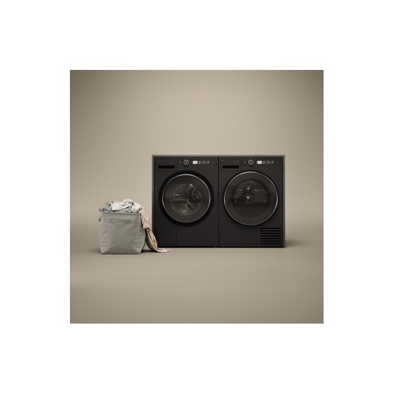 Lave-linge et sèche-linge noirs avec panier à linge