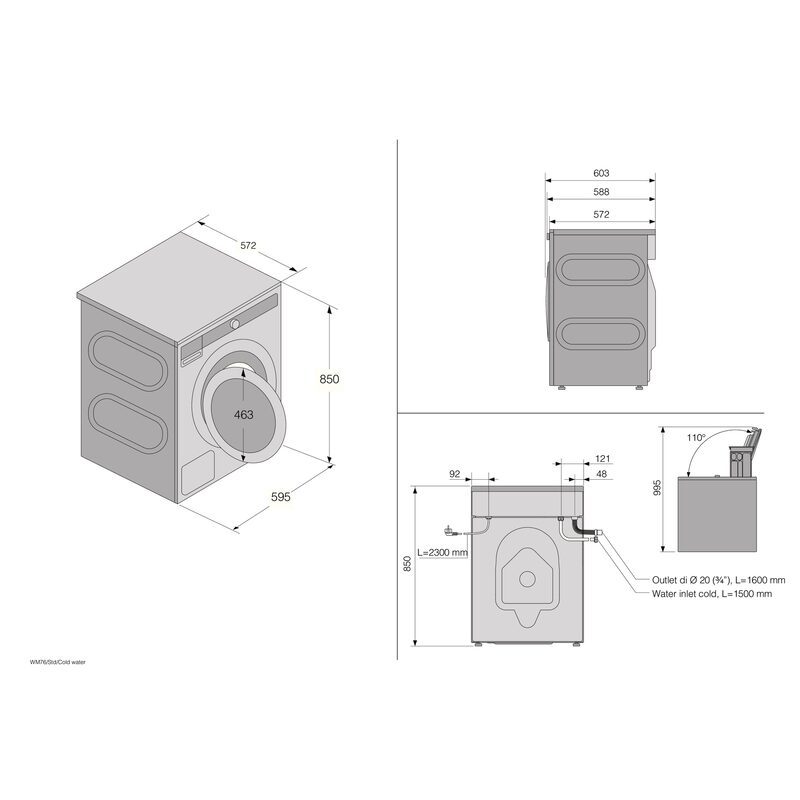 Schéma technique d’une machine à laver avec mesures.