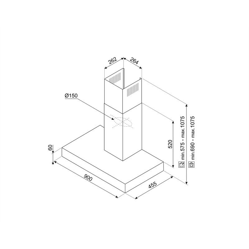 smeg kbt9l4vn hotte murale décorative 90 cm inox verre noir 730 m³/h