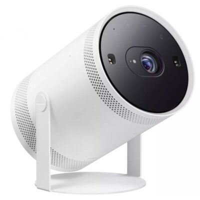 Vidéoprojecteur blanc cylindrique au design moderne