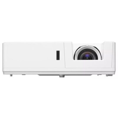 Vidéoprojecteur blanc avec objectif visible à droite
