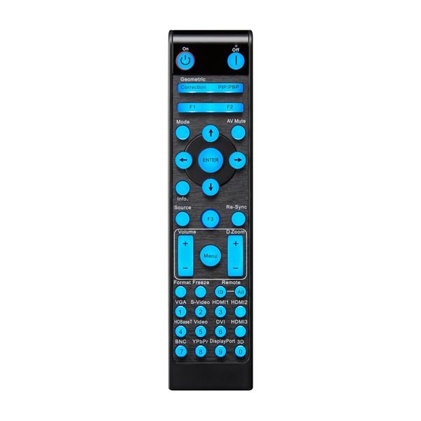 Télécommande noire avec boutons bleus lumineux