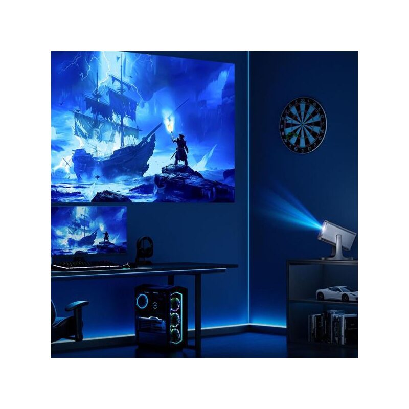 Salle gaming bleue avec écran géant pirate