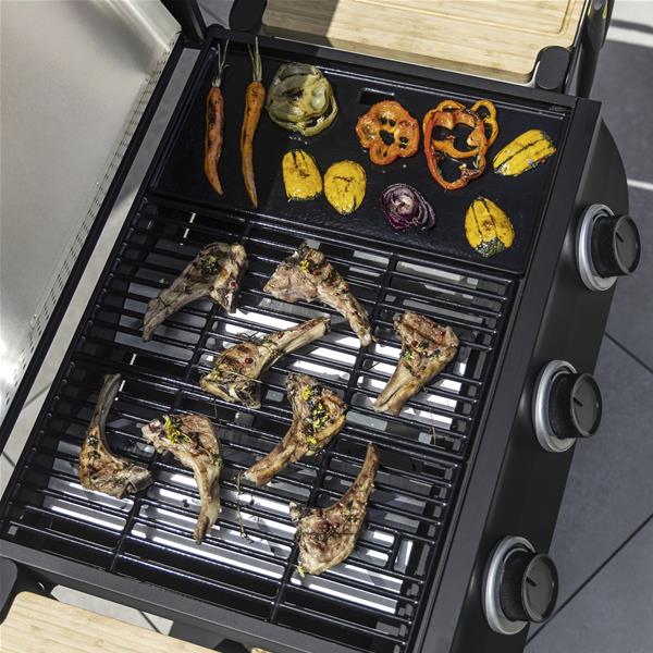 cook’in garden am083t flavo 60 barbecue gaz 3 brûleurs plancha fonte