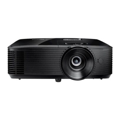 Vidéoprojecteur noir vu de face sur fond blanc