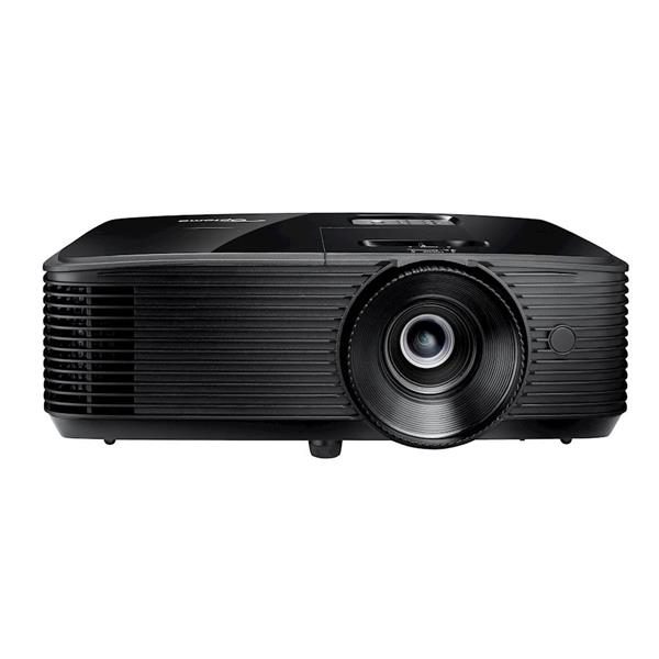 Vidéoprojecteur noir vu de face sur fond blanc