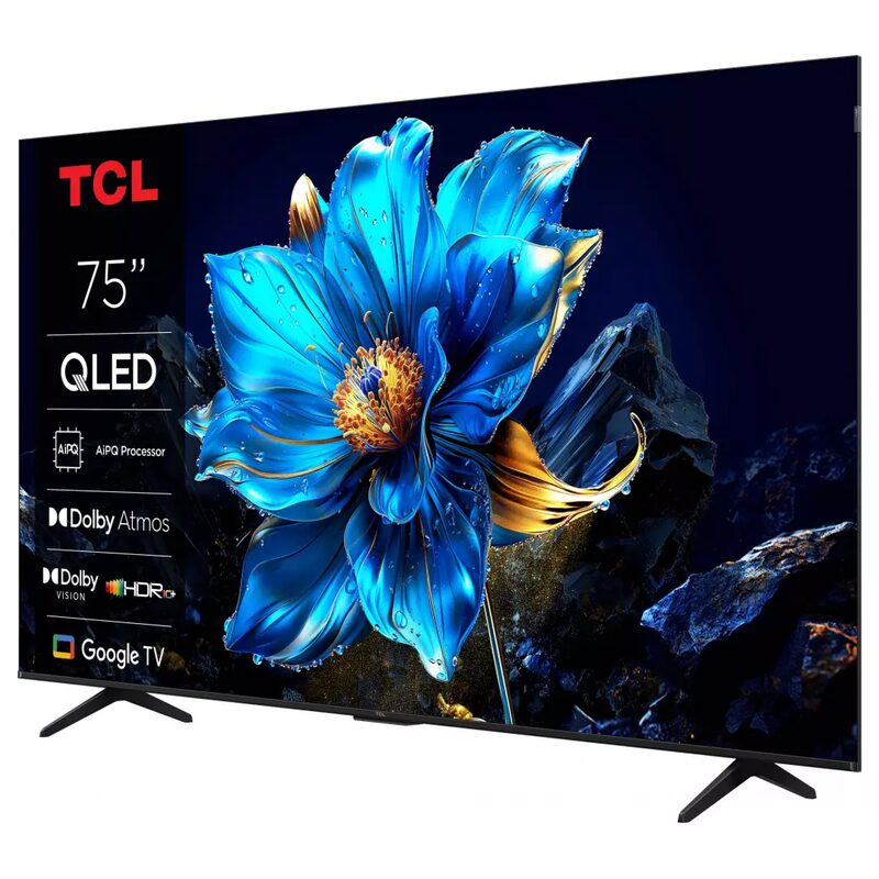 Téléviseur TCL 75 pouces QLED avec fleur bleue