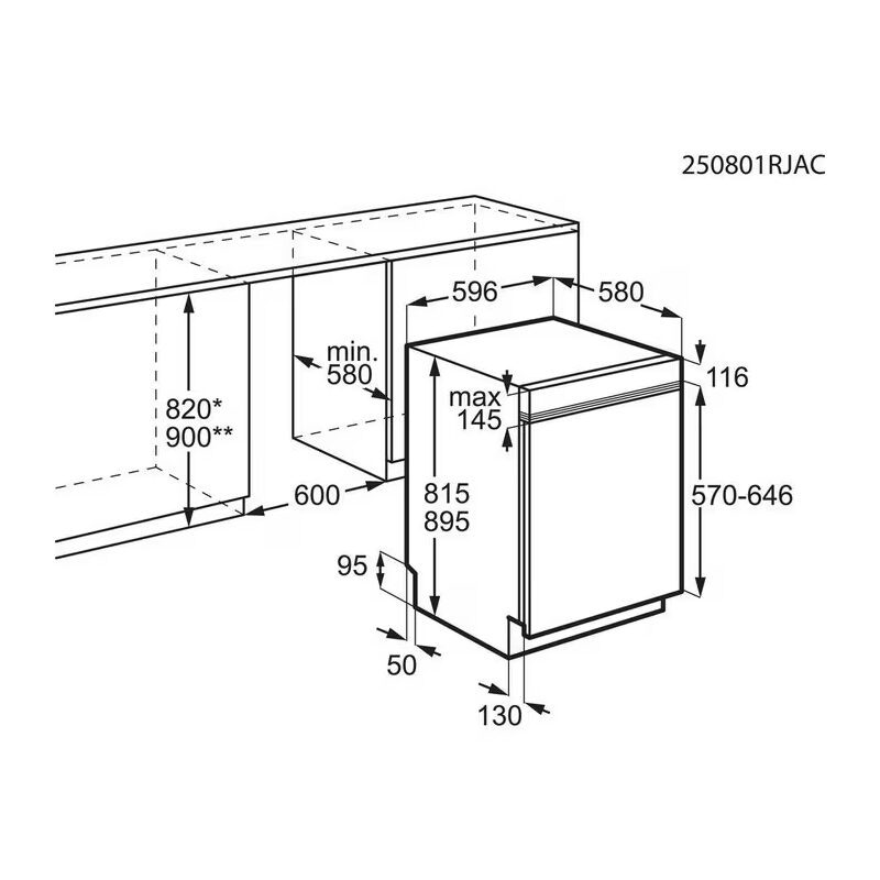 Schéma dimensions lave-vaisselle encastrable sous plan