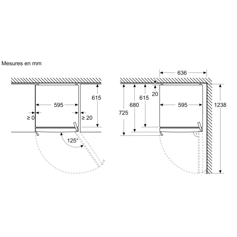 Schéma technique lave-vaisselle encastrable avec dimensions