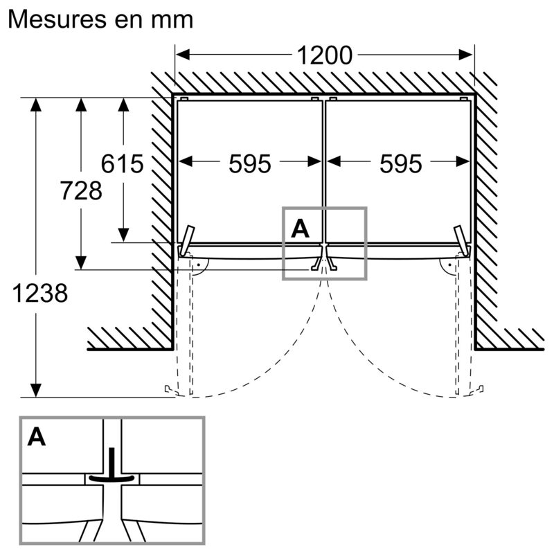 Schéma technique meuble double avec dimensions en mm