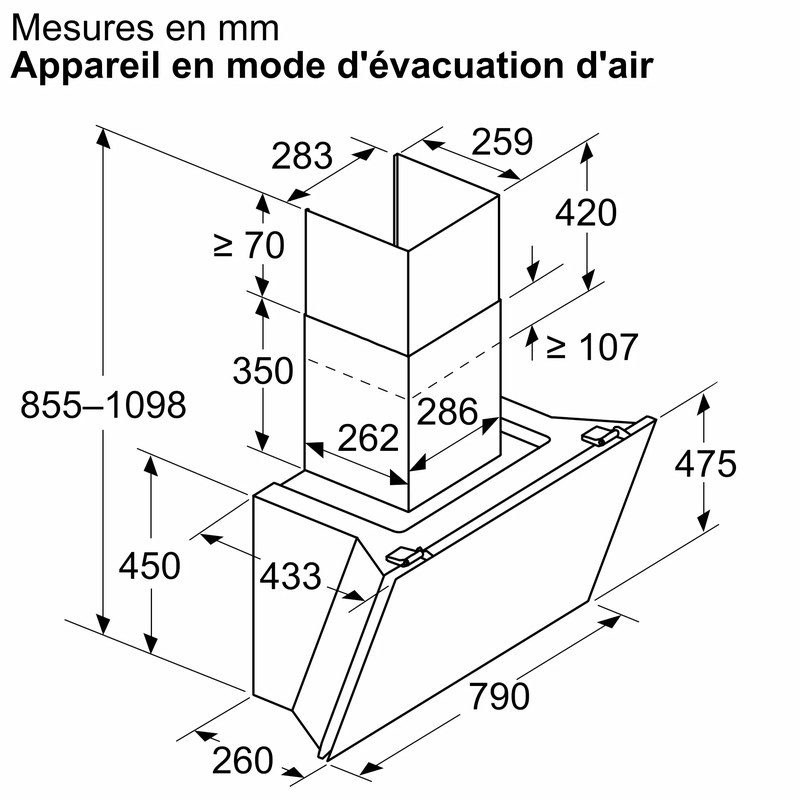 Schéma hotte aspirante avec dimensions en millimètres