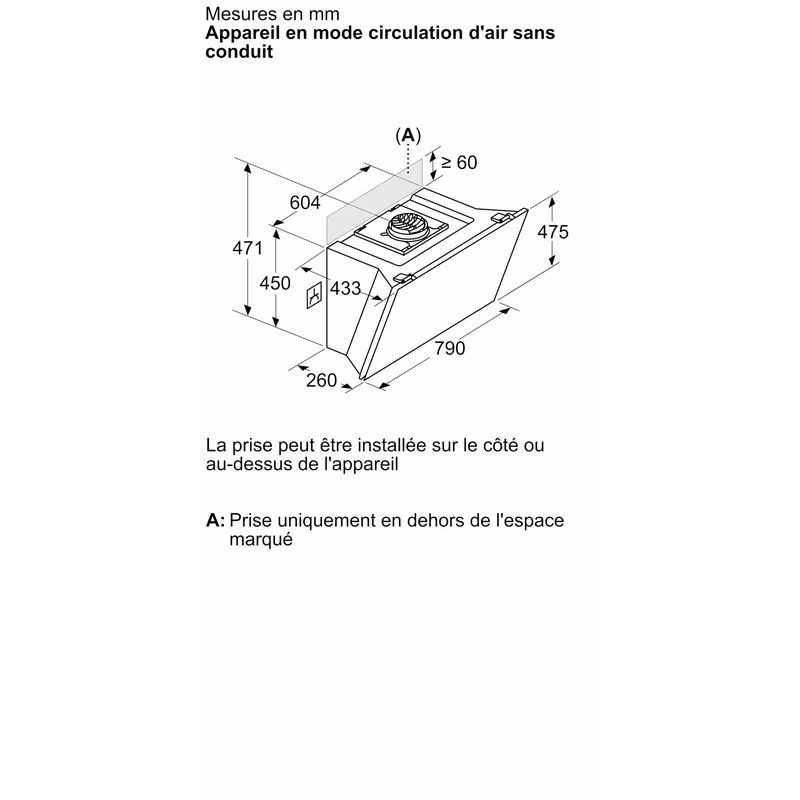 Schéma technique avec dimensions d’un appareil de ventilation