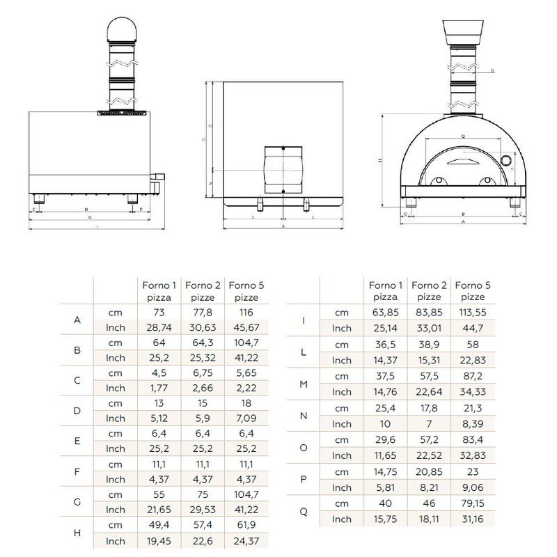 Schéma technique de fours à pizza dimensions