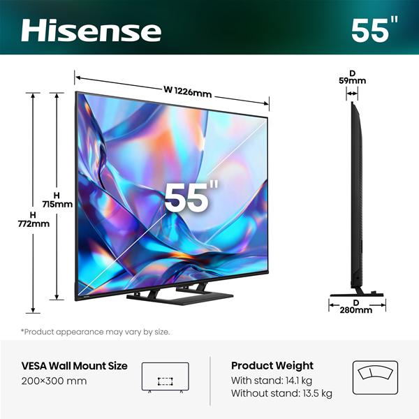 Téléviseur Hisense 55 pouces avec dimensions affichées