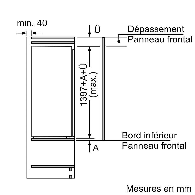 Schéma dimensions panneau frontal réfrigérateur encastré