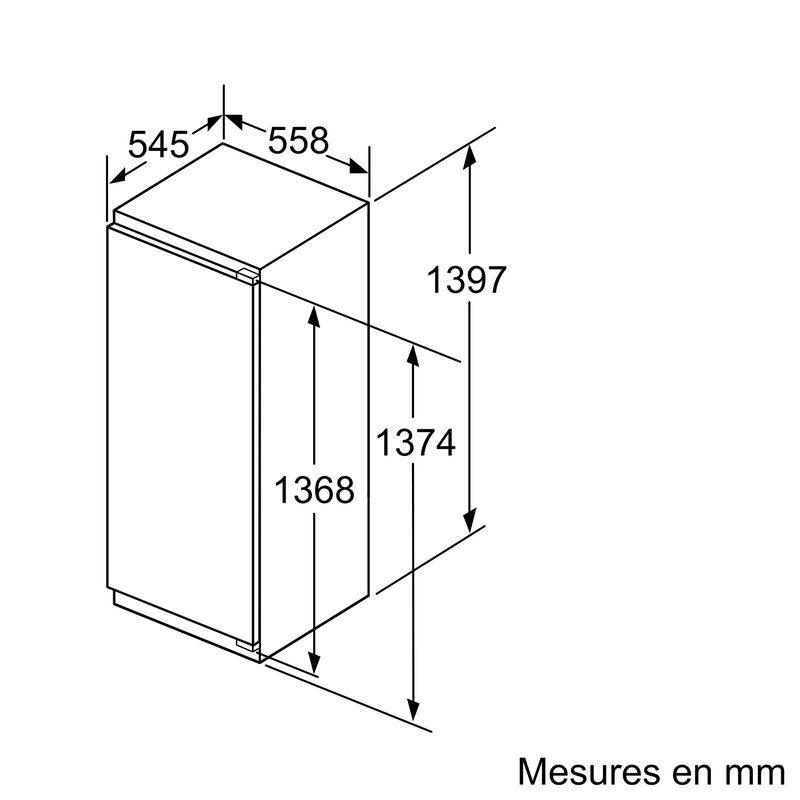 Schéma technique d’un réfrigérateur avec dimensions en millimètres