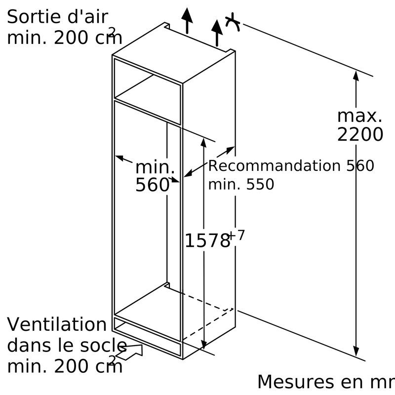 Schéma dimensions colonne réfrigérateur avec ventilation