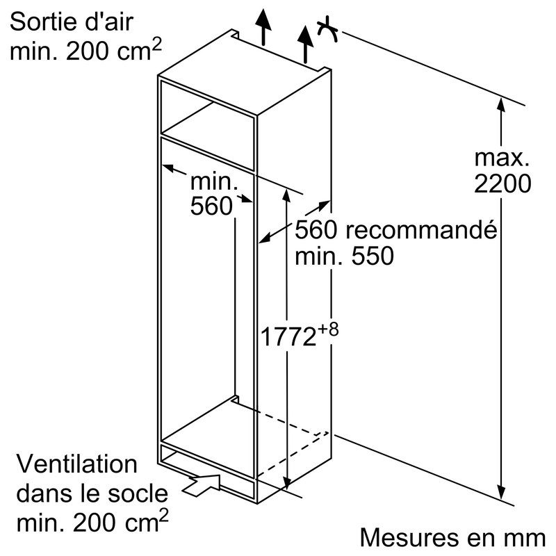 Schéma technique d’armoire avec dimensions et ventilation