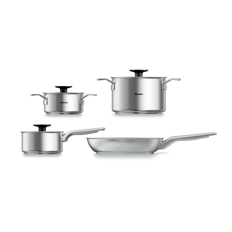 Batterie de cuisine inox Miele avec casseroles et poêle