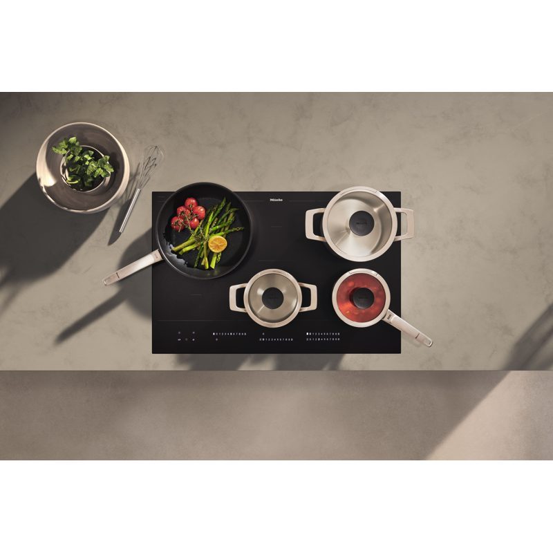 Plaque induction avec casseroles et légumes frais