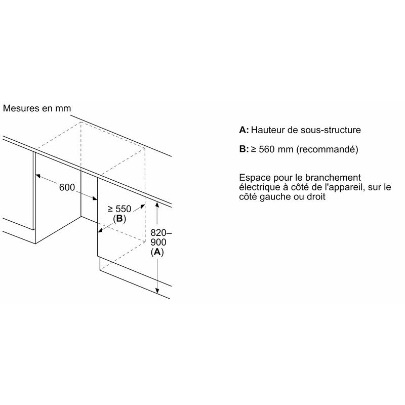Schéma dimensions niche meuble sous-plan 600 mm