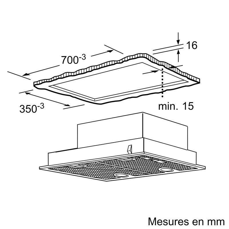 Schéma filtre hotte cuisine avec dimensions