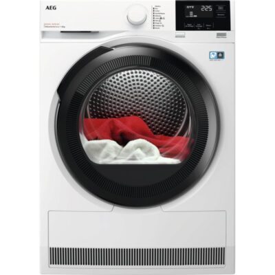 Sèche-linge AEG avec linge rouge et blanc