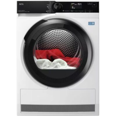 Sèche-linge AEG à hublot avec linge rouge